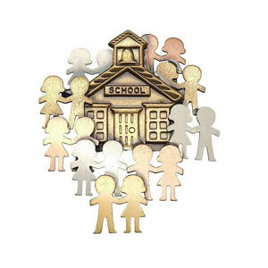 Vintage K And T Pin Brooch Copper Brass Pewter Library With Librarian Children